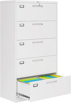 AFAIF 5 Drawer File Cabinets for Home Office, Metal Filing Cabinet with Lock, White Locking File Caninet Five Drawer, Office Storage Caninets Steel Cabnet for Letter/Legal/A4/F4-Assembly Required