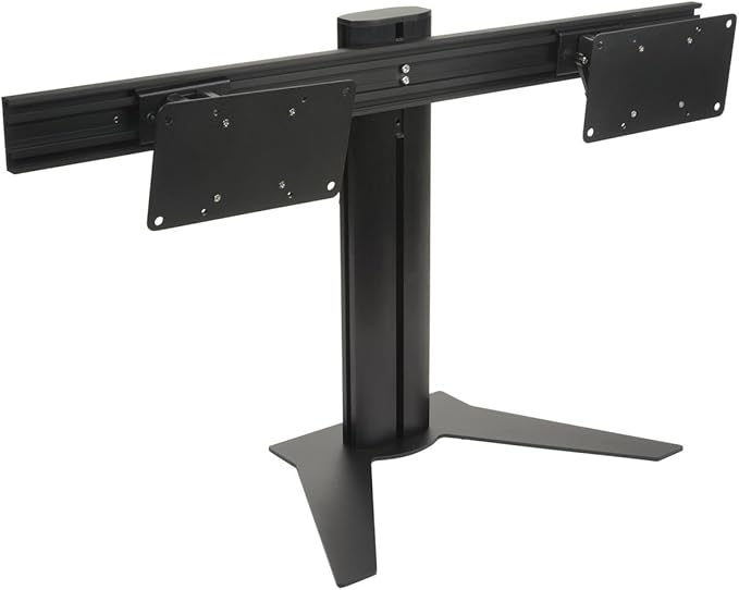 Displays2go Desk Stand for Two Monitors, Holds 2 TVs, Metal, Aluminum, Plastic, MDF – Black (TBLMMD32)