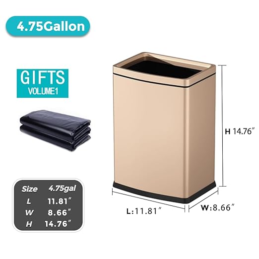 YOJIA 4.7 Gallon/18L Brushed Gold Bathroom Trash Can, Open Top Slim Dual Wastebaskte Simple Human Stainless Steel Garbage Can for Commercial Home Kitchen Office (18L Champagne Gold)