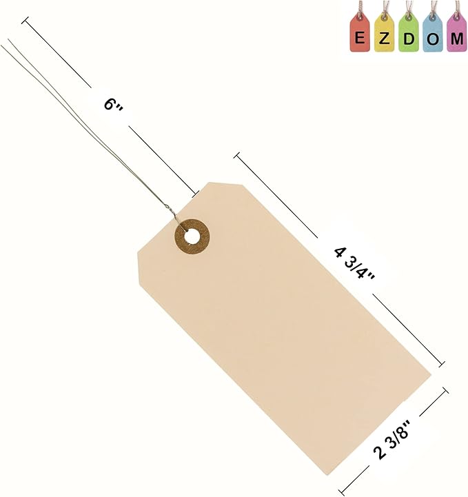 Label Tags with Wire Attached - 4 3/4" x 2 3/8" Box of 100 Blank Manila Tags with Reinforced Hole and Metal Wire Ties, Labels with Wire