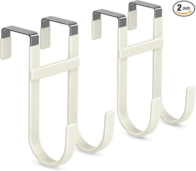FYY Over The Door Hooks - 2 Pack Heavy Duty Dual-Hook Organizer Hanger with Non-Slip Rubber for Towels, Clothes, Hats & Bags Use in Bathroom, Bedroom, Kitchen - Fits Interior Doors Up to 1 3/8" Beige