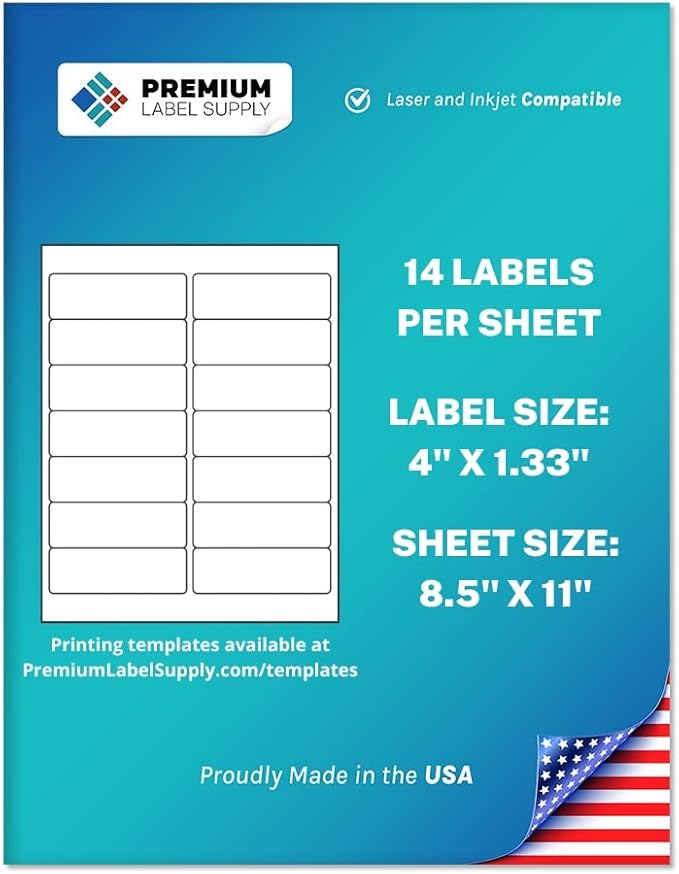 Premium Label Supply White Sticker Mailing Labels – 4" x 1.33" – Laser/Inkjet Compatible – (14 per Sheet), 25 Sheets – 350 Total Adhesive Labels