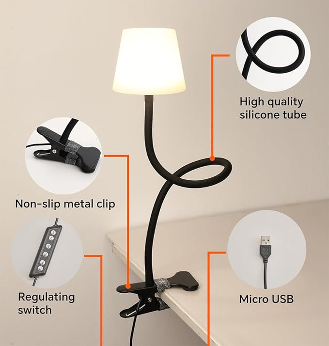 Rdzoko Clip On Light and Bed Reading Light, Clip on for Desk, Bedside Lamps for Dorm, College Dorm Room Essentials, Night Light for Kids Nursery, Multicolor LEDs, Adapter Included