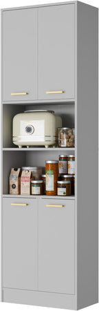 Cozy Castle Kitchen Pantry Cabinet, 75" Tall Wood Storage Cabinet with Doors and Shelves, 4 Doors Open Countertop Utility Hutch Cupboard for Dining Room Living Room Bathroom Furniture, Gray