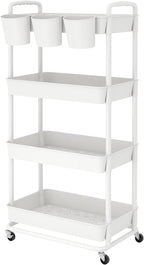 JIUYOTREE 4-Tier Plastic Rolling Storage Cart Utility Cart with Extra Hanging Cups Handles Lockable Wheels for Living Room Bathroom Kitchen Office White