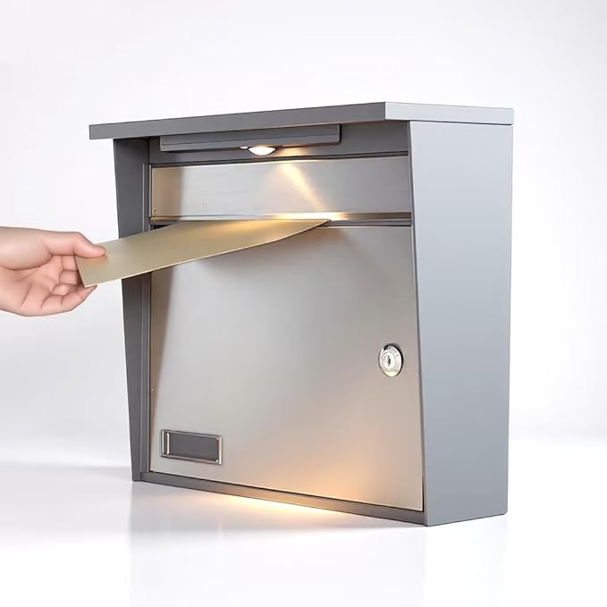 Solar Wall Mount Mailbox for Outside - Auto LED Light at Dusk, Large Locking Mail Box (13 x 3.7 x 12.2 Inches) with Key, Secure Metal Mailboxes for House Outside, Waterproof & Rust-Proof