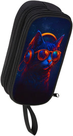 HiMagics Children's Boys Pencil Case, Large Zippered Pencil Bag with Two Compartments Girls Pen Pouch for School Cool Cat Pencil Bag, Black