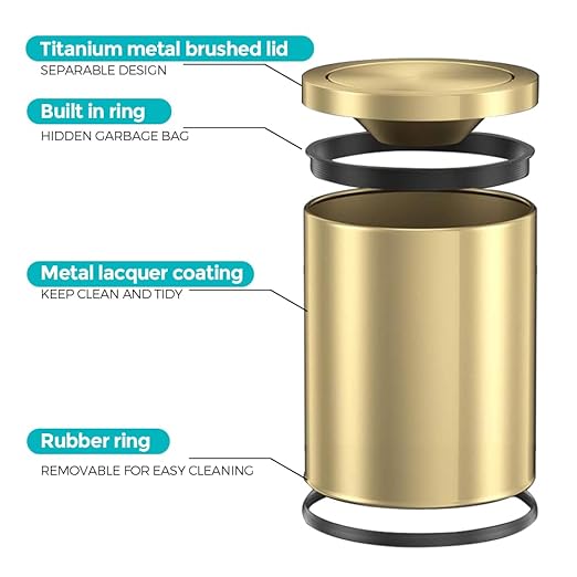 YOJIA 4 Gallon Gold Bathroom Trash Can with Lid, Metal Brushed Waste Basket, Modern Garbage Can for Bedroom Powder Room Hotel Living Room Office Home (Gold)
