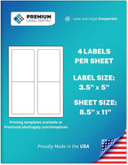Premium Label Supply White Sticker Mailing/Shipping Labels – 3.5" x 5" – Laser/Inkjet Compatible – (4 per Sheet), 100 Sheets - 400 Total Adhesive Labels