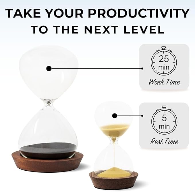 Decorative Hourglass Sand Timer Set - Includes 25 and 5 Minute Sandglass Pomodoro Timers with Wooden Bases - Time Management Productivity Tool - Gift for Home Office Desk