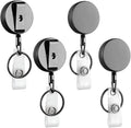 Will Well ID Badge Holder Reel with Clip and Keyring - Heavy-Duty All-Metal Casing with 27.5" UHMWPE Fiber Pull Cord for Durability and Easy Access, Holds up to 8 Keys - 4-Pack, Round, Glossy Black