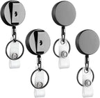 Will Well ID Badge Holder Reel with Clip and Keyring - Heavy-Duty All-Metal Casing with 27.5" UHMWPE Fiber Pull Cord for Durability and Easy Access, Holds up to 8 Keys - 4-Pack, Round, Glossy Black