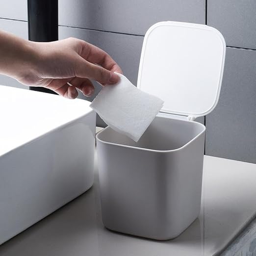 SILJIATING Mini Desktop Trash Can with Trash Bags, Small Countertop Waste Bin with Lid for Office, Skincare & Makeup Table, Tiny Aesthetic Garbage Bin for Bedside White(1pc)