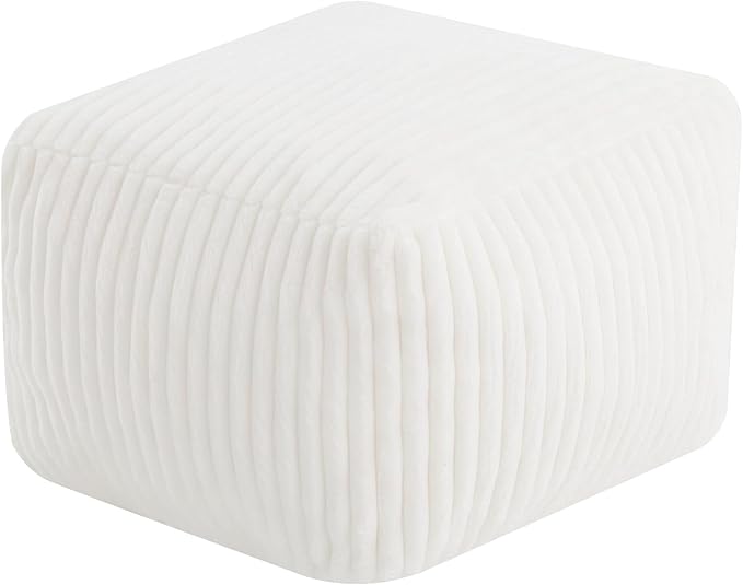 MeMoreCool Square Stuffed Pouf Ottoman Foot Rest, Stripe Furry Floor Pouf Foot Stool with Foam Chunk Filling, Soft Fluffy Stuffed Ottoman Footrest for Living Room, Faux Fur Beige