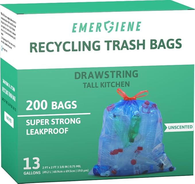 Emergiene 13 Gallon Recycling Trash Bags, 200 Count Drawstring Tall Kitchen Garbage Bags, Pre-Separated, Unscented, Ultra Strong, Leakproof, Sturdy, Translucent Blue
