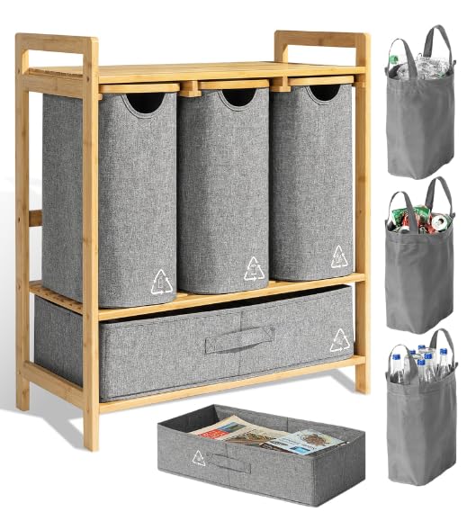 Terratur 4 Section Recycling Bin for Kitchen – Trash and Recycle Bin Combo for Paper, Plastic, Cans – Indoor Recycling Station – Large Kitchen Trash Can – Office Trash and Recycle Bin Organizer