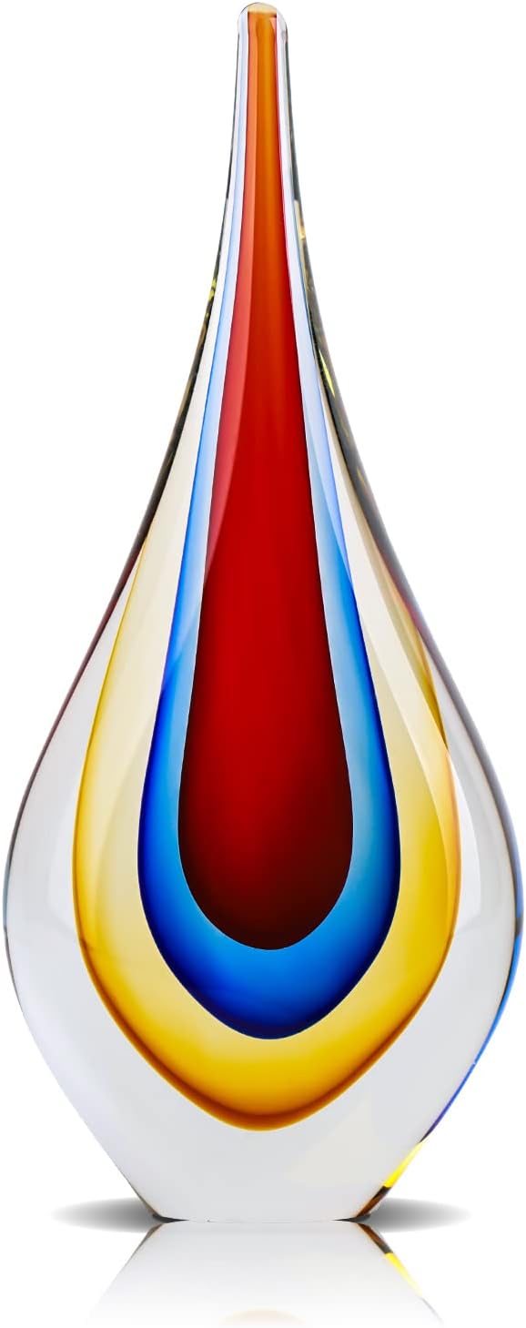 9" Tall Sculpture Hand Blown Glass Decor, Paperweight for Office Desk, Modern Glass Art Figurines Mediterranean Beach House Decor, Living Room Coffee Shelves Table Top Decoration (Red)