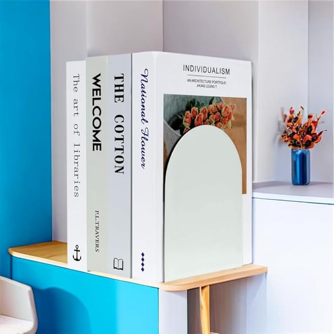 Lulonpon 6 Pieces Book Ends, Bookends, Books Stand, Metal Bookend for Shelves, White Book Ends for School, Library, Desktop Organizer