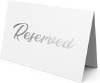 10 Pack Silver Reserved Table Signs for Wedding 3x4 Cardstock Reserved Seating Signs Double Sided Table Tent Reservation Card for Restaurant Receptions Celebrations Party - White with Silver Letters