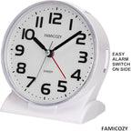 FAMICOZY 4.5" No Ticking Analog Alarm Clock,Silent Readable for Seniors,Easy to Set,Gradual Rise Alarm,Big Numbers,On/Off Switch on Side,Gentle Wake,Snooze Soft Backlight,Battery Operated,White