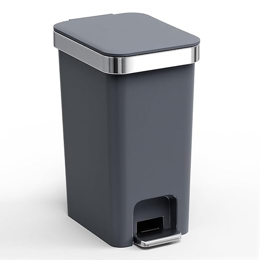 accep Bathroom Trash Can with Lid, 2.6 Gallon /10 Liter Small Garbage Can, Press Top Bin & Step Metal Pedal Trash Bin Wastebasket for Bedroom, Office, Kitchen, Dorm (Black Gray)