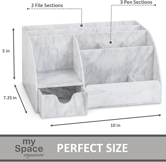 My Space Organizers Marble Desk Organizer For Office Supplies And Accessories - 9 Sections - Pencil Pen Holder Storage - Desktop Organization Decor Essentials (White Grey Marble)