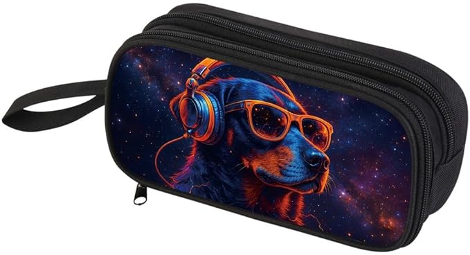 HiMagics Children's Pencil Case, Large Zipper Pencil Pouch for Boys with Two Compartments Boys Pen Pouch for School Dog Pencil Bag, Black
