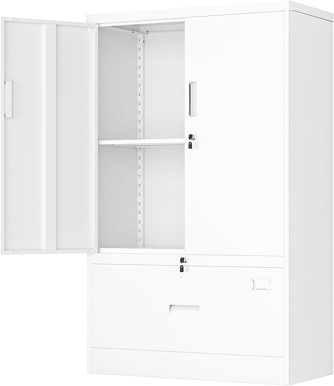 INTERGREAT Metal Filing Drawer Cabinet, Metal File Cabinet with Lockable Doors and Adjustable Shelves, Lateral Storage Cabinets for Garage, Home Office, Kitchen (White)