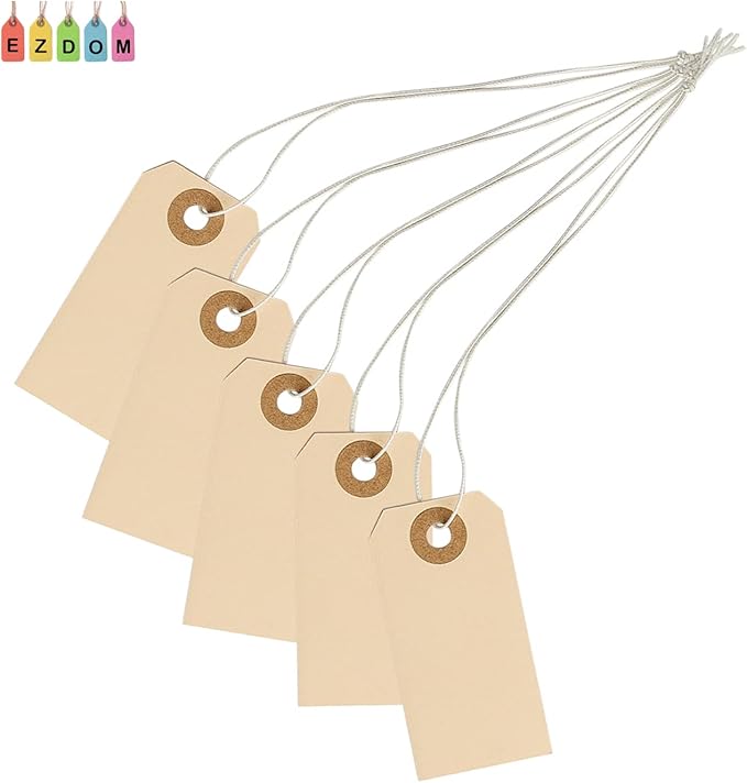 Manila Tags With Elastic String - #1, 2 3/4" x 1 3/8", Box of 250 Paper Labels With Reinforced Hole and Attached Loop, 250 Count