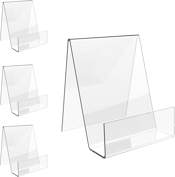 Boloyo Acrylic Book Stand with Ledge,4PC 4 Inch Clear Acrylic Display Easel Transparent Display Stand Holder Tablet Holder for Displaying Books,Magazine,Plate,Pictures,Artworks, CDs
