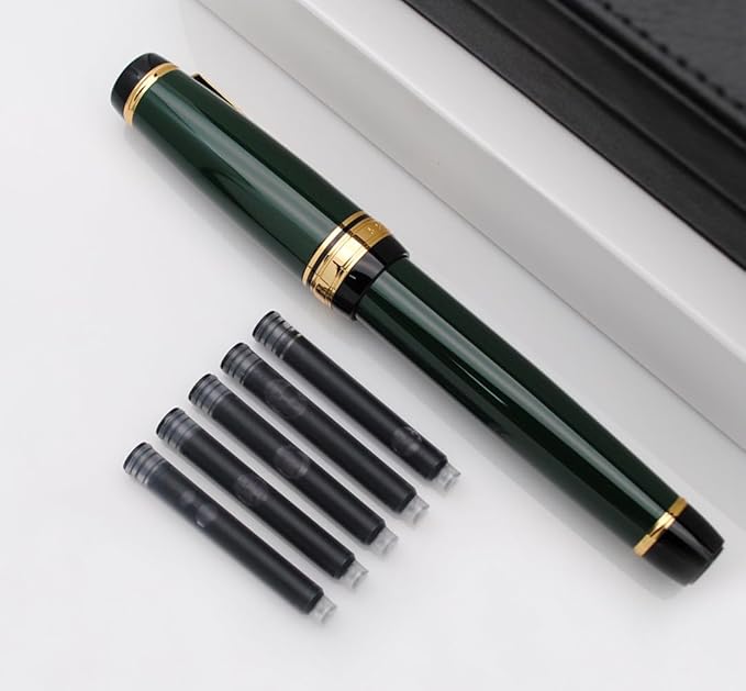 xixixiaozhu Metal Big Fountain Pen Set Medium Nib 0.7mm, Includes Ink Refill Converter, 5 Ink Cartridges & Gift Box (Medium Nib 0.7mm, Green)