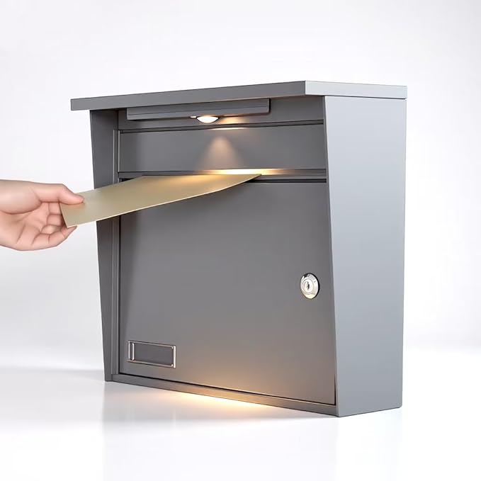 Solar Wall Mount Mailbox for Outside - Auto LED Light at Dusk, Large Locking Mail Box (13 x 3.7 x 12.2 Inches) with Key, Secure Metal Mailboxes for House Outside, Waterproof & Rust-Proof