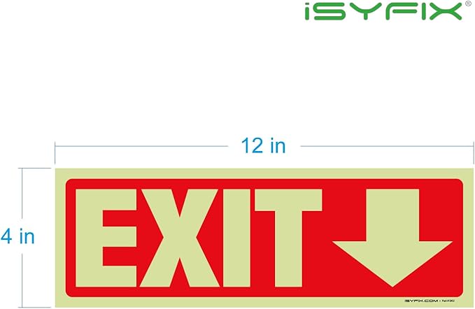 iSYFIX Exit Stickers Signs with Directional Down Arrow 12 Pack 12x4 Inch - Glow in the Dark Photoluminescent Vinyl for Office, School, Business, Warehouse - UV & Weather Resistant for Indoor/Outdoor Use