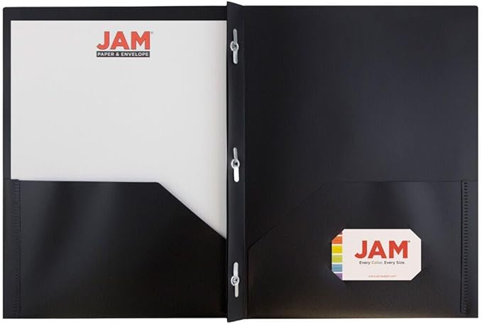 JAM PAPER Plastic 2 Pocket POP Folders - Durable School Folders with Metal Prongs Fastener Clasps - Black - Bulk 48/Pack