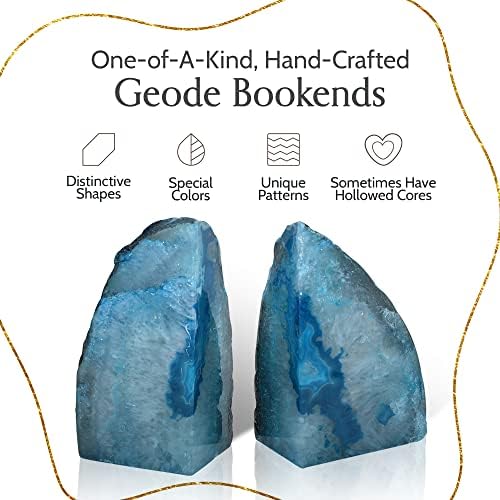 Nature's Decorations Teal Agate Bookends – A+ Grade Geode Heavy Duty Decorative Stone Crystal Book Ends for Shelves & Bookcases, Natural Polished Bookshelf Decor, 1 Pair 6-8Lbs