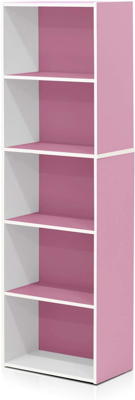 Furinno LUDER Book Shelf, 5-Cube Bookshelf, Bookcase with Open Shelf, 9.4 x 15.8 x 52, for Living Room, Bedroom, Home Office, White/Pink