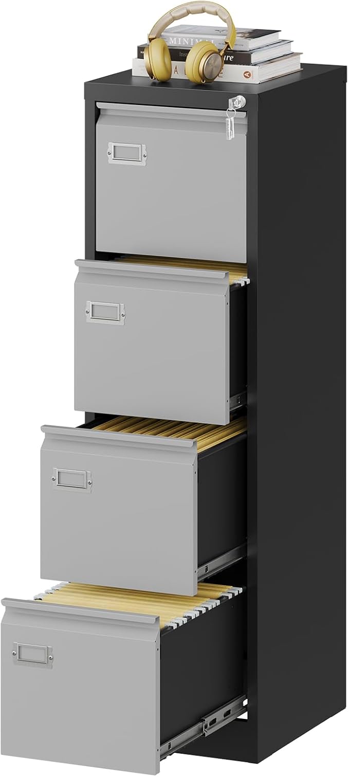 Fesbos File Cabinets - 4 Drawers Vertical 17.8" Deep Lockable Filing Cabinet - Black & Gray Metal Storage Cabinets for Home Office to Hanging Files Letter/Legal/F4/A4 Size