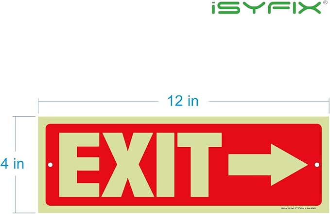 iSYFIX Exit Signs with Directional Right Arrow - 2 Pack 12x4 Inch Glow in the Dark for Business, School, Office, Warehouse - Durable 40 Mil Polystyrene, UV Laminated, Waterproof, Scratch & Fade Resistant