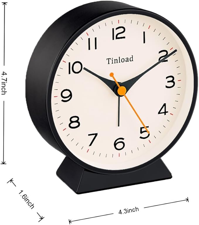 Tinload 4.5" Battery Operated Retro Analog Alarm Clock, Small Silent Bedside Desk Clock,Lighted on Demand, Battery Operated, Snooze, for Living Room, Bedroom, Bedside, Desk(Black)