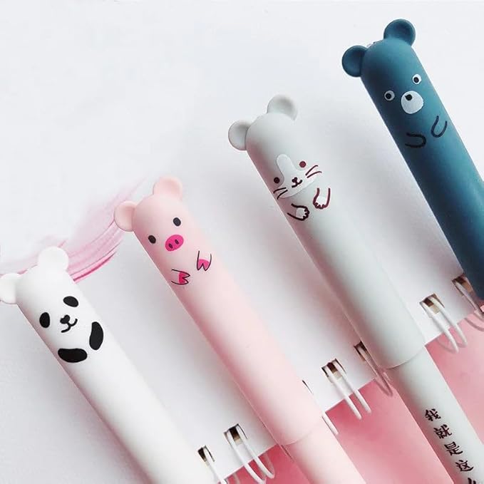 Piaogui 6pcs 0.5mm Erasable Gel Pens,Kawaii Cute Bear Pig Erasable Gel Pen Set Kawaii Pens Back to School Stationery Supplies for Writing Noting Journaling Kids Gifts (Grey-6 Pcs)