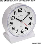 FAMICOZY 4.5" No Ticking Analog Alarm Clock,Silent Readable for Seniors,Easy to Set,Gradual Rise Alarm,Big Numbers,On/Off Switch on Side,Gentle Wake,Snooze Soft Backlight,Battery Operated,White