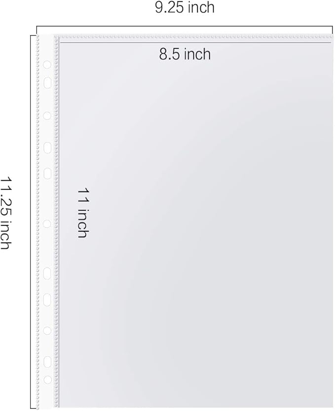 Sheet Protectors, PANDRI 300 Pack Clear Heavy Duty Plastic Page Protectors Sheet Reinforced 11-Hole Fit for 3 Ring Binder Fits Standard 8.5 x 11 Paper, 9.25 x 11.25 Top Loaded, Excluding Acid