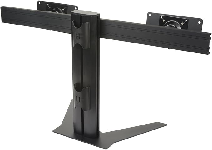 Displays2go Desk Stand for Two Monitors, Holds 2 TVs, Metal, Aluminum, Plastic, MDF – Black (TBLMMD32)