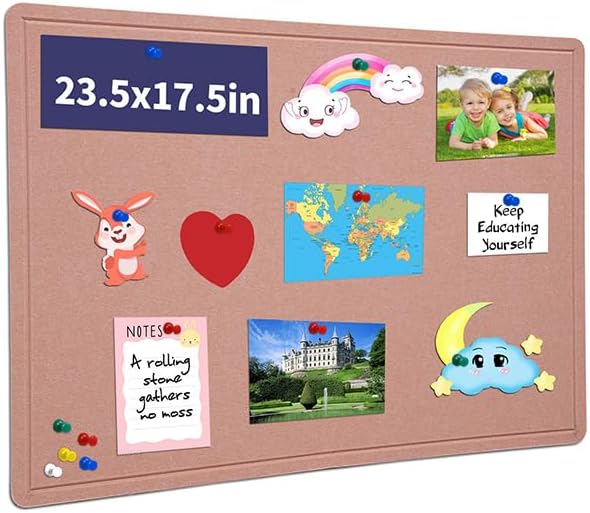 Bulletin Board - 23.5 x 17.5 inches Decorative Felt Pin Board - Cork Board Alternative for Wall - Foldable Photo Board Self-Adhesive Prayer Board with 20 Pushpins - Pink