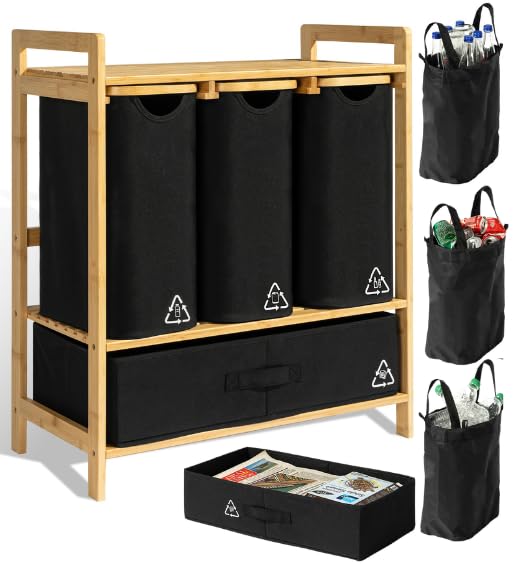 Terratur 4 Section Recycling Bin for Kitchen – Dual Trash and Recycle Bins for Paper, Plastic, Cans – Indoor Bamboo Recycling Organizer – Decorative Wooden Recycle Bins for Kitchen & Office