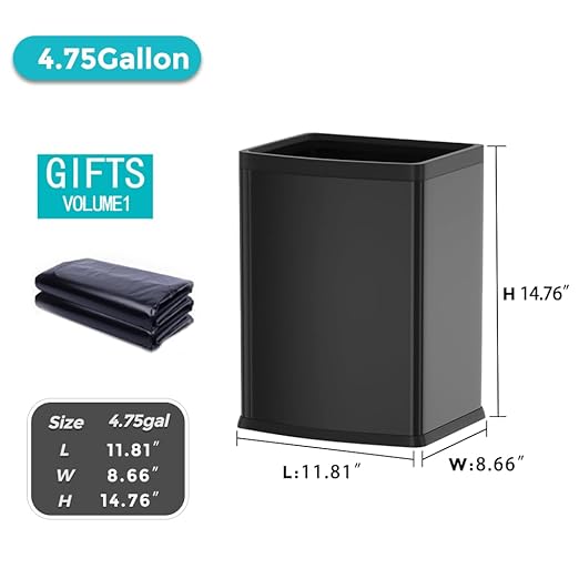 YOJIA 4.7 Gallon/18L Black Trash Can,Commercial Metal Trash Bin, Large Capacity Garbage Can, Business Waste Basket, for Desk, Office,Kitchen, Hotel, Home(18L Black)