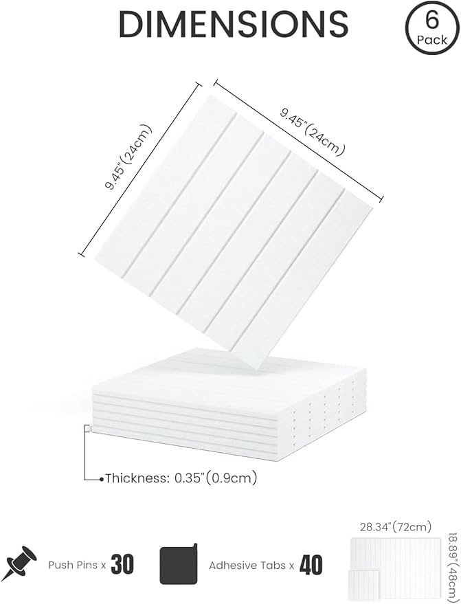 Fluxynara Felt Bulletin Board Tiles -28"x18" with 40 Adhesive Tabs, Cork Board Alternative for Office Decor, Push Pin Board Wall Organizer 6-Pack (Cold White)