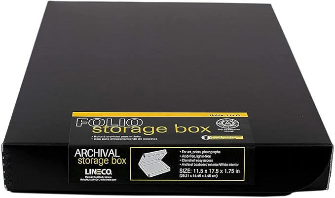 Lineco Folio Storage Box, Clamshell Design with Metal Edge. 11.5x17.5x1.75 Inches, Archival Boxboard, Preserve Photos, Cards, Magazines, Documents, Art, Ephemera, Family Records, Black, Pack of 1