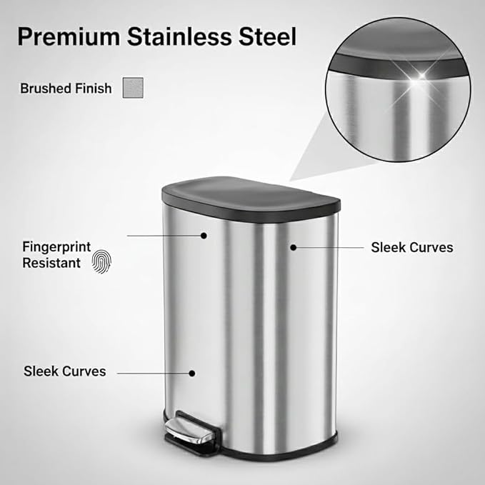 50L / 13.2 Gallon D-Shaped Stainless Steel Step Trash Can, Soft-Close Lid, Removable Inner Bin, Fingerprint Resistant, Space-Saving Garbage Bin for Kitchen, Bathroom, Outdoor, Home Office, Compost