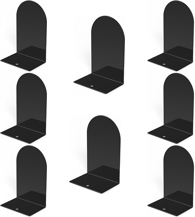 Lulonpon 8 Pieces Book Ends, Bookends, Books Stand, Metal Bookend for Shelves, Black Book Ends for School, Library, Desktop Organizer